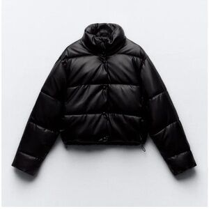 Zara Black Leather Cropped Puffer Jacket with High Collar
